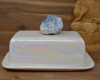 Baby Blue Celestite European Ceramic Butter Dish - Crystal Cluster - Wide Size - White Mother of Pearl Opalescent