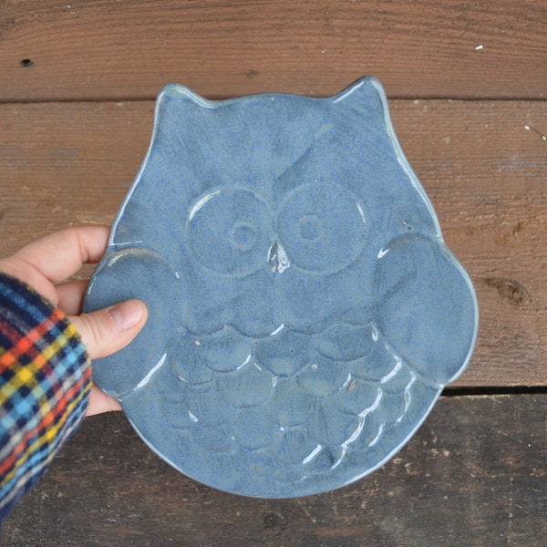 Denim Blue Ceramic Owl Dish - Modern Ceramic Plate - Catch All Jewelry, Change, Spoon Rest - Earth Tone Glaze