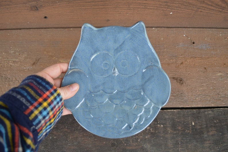 Denim Blue Ceramic Owl Dish Change Catch All Jewelry Earth Tone Glaze Modern Ceramic Plate Spoon Rest