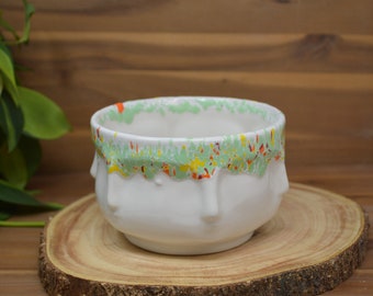 Speckled Crystal Burst Many Faces Zen Ceramic Flower Pot - Office Planter - Orange Yellow Mint Sage Green - No Drain Hole