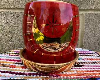 Silver Crescent Moon with REAL GOLD and Ruby Red Horn Star Speckled - Ceramic Planter Flower Pot - Crystal Sparkle Glaze with Detached Drip