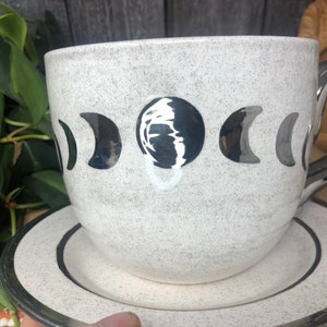 White Gold and Glitter Lunar Phase Jumbo Ceramic Cappuccino Mug and Dish Set 28 oz. Silver Full Crescent Moon Extra Large Coffee Mug image 2