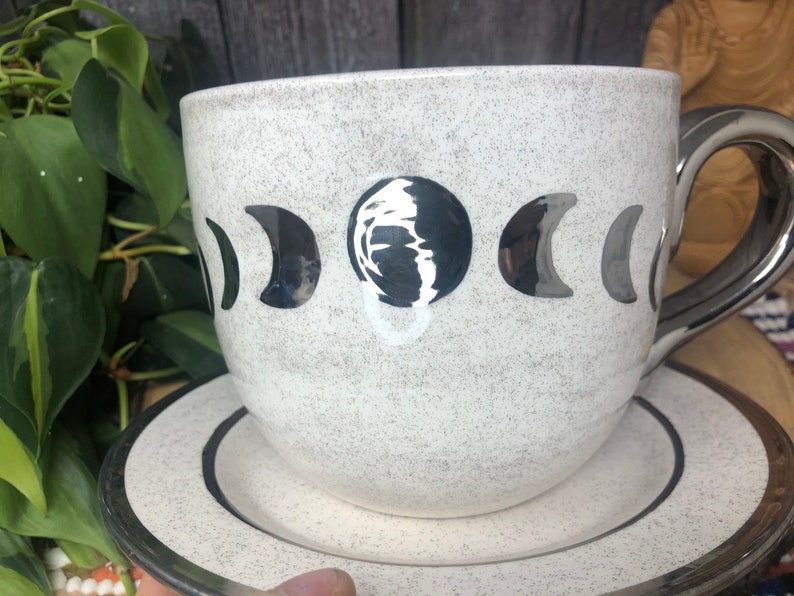 White Gold and Glitter Lunar Phase Jumbo Ceramic Cappuccino Mug and Dish Set 28 oz. Silver Full Crescent Moon Extra Large Coffee Mug image 2