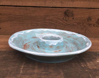 Flowing Robins Egg Blue Wavy Ceramic Chip and Dip Serving Plate - Rainbow Colors