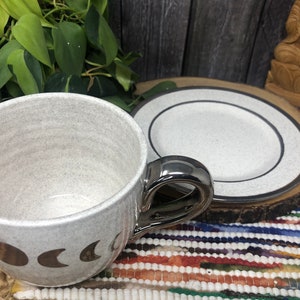 White Gold and Glitter Lunar Phase Jumbo Ceramic Cappuccino Mug and Dish Set 28 oz. Silver Full Crescent Moon Extra Large Coffee Mug image 5