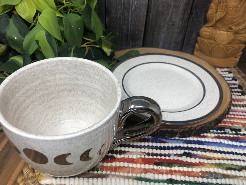 Or blanc et paillettes Phase lunaire Jumbo Cappuccino Mug et dish Set 28 oz. Silver Full Crescent Moon Extra Large Tasse à café image 5