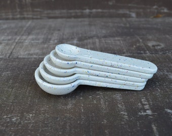 Set of 5 White with Bright Rainbow Colored Speckles Ceramic Measuring Spoons
