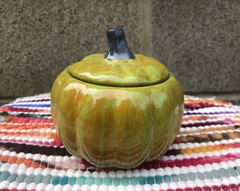 Rustic Apple Green Ceramic Pumpkin Sugar Jar or Bowl - Salt Cellar