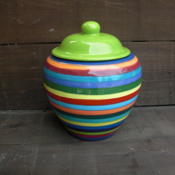 Extra Large Striped Ceramic Cookie Jar or Canister - Rainbow Stripes with Apple Green Lid
