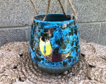 White Gold Moon Phase with REAL GOLD Planter - Hanging Ceramic Flower Pot - Full Crescent Moons - Starry Dots - Blue Green Teal Crystals