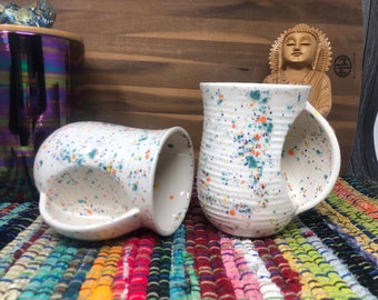 Kaleidoscope Rainbow Crystal Burst Ceramic Hug a Mug - Bright Colorful Coffee / Tea Grooved Mug - Bohemian Hand Warmer Mugs