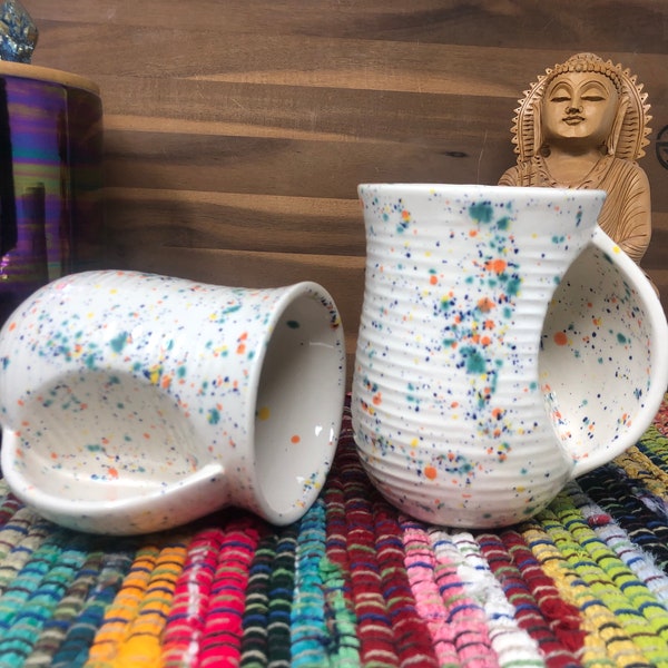 Kaleidoscope Rainbow Crystal Burst Ceramic Hug a Mug - Bright Colorful Coffee / Tea Grooved Mug - Bohemian Hand Warmer Mugs