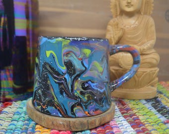 Rainbow Glitter Tie Dye Mug - Marbled Starry Night Large Ceramic Coffee Mug - 18 oz. - Swirled Sparkly Nebula Galaxy