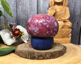 Limited Edition Trippy Small Ceramic Mushroom Box / Lidded Jar - Crystal Burst Raspberry Sorbet and Matte Indigo Base - White Pink Crystals