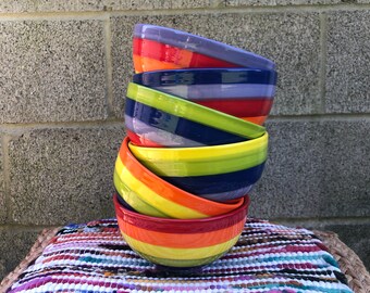 Bright Rainbow Striped Ceramic Bowl - Personal Size - Cereal, Soup, Ice Cream - Pick Your Color