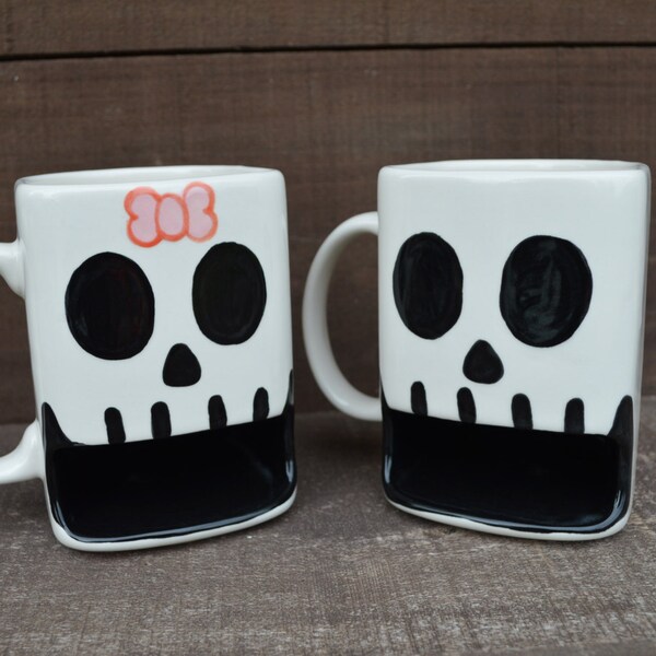 Til Death Do Us Part - Hers Skull Ceramic Cookies and Milk Dunk Mug- Pink Bow - Ready to Ship