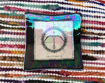 Zodiac Sagittarius Black Rainbow Mother of Pearl Oil Slick Oraganic Dish - Change Holder - Cute Colorful Astrological Sign - Arrow