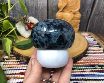 Limited Edition Trippy Small Ceramic Mushroom Box / Lidded Jar - Crystal Burst Obsidian and Matte Lavender Dew Base - Black Onyx Crystals