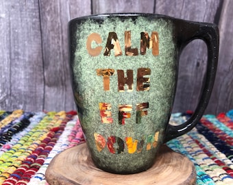 Tea Bag Holder Mug - Shimmer Glitter Black with Sparkly Green Interior- CALM the EFF Down in Real Yellow Gold - Snarky Anxiety Mug