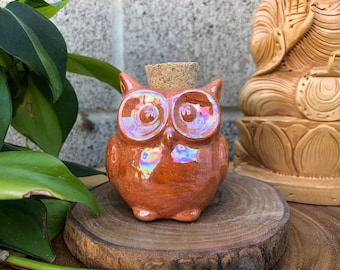 Opalescent Rainbow Shimmer Orange Mini Ceramic Owl Jar - Stash Jar - Spice Jar - Cork Lid