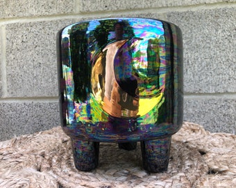 Bohemian Galaxy - Black Iridescent Mother of Pearl - REAL Yellow GOLD Crescent Moon Planter - Large Ceramic Flower Pot - Opalescent