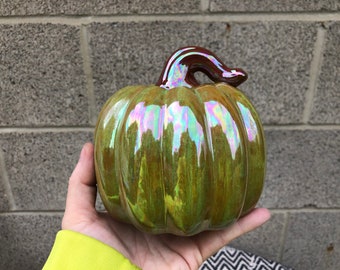 Chunky Gourd Ceramic Pumpkin - Mother of Pearl Apple Cider Green and Chocolate Brown - Fairytale Cinderella Pumpkins - Fall Home Decor
