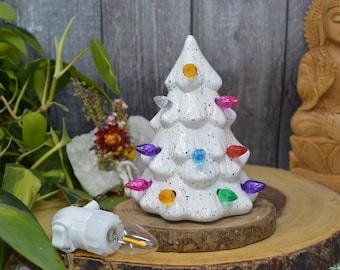 Vintage Style Ceramic Christmas Tree with Lights Wall Plug Nightlight - Hand Painted Rainbow Speckled and White - Choose your Lights