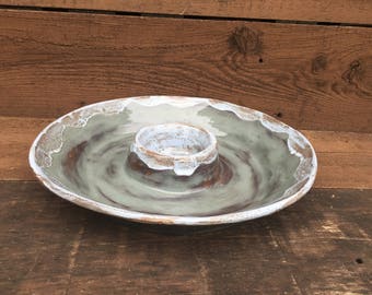 Flowing Ash Green Wavy Ceramic Chip and Dip Serving Plate - Rainbow Colors