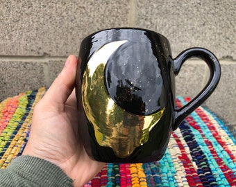 Splattered Molten Crescent Moon Mug - Real Yellow Gold - Ceramic 16 oz Mug - Crystal Starry Night - Splatter Paint