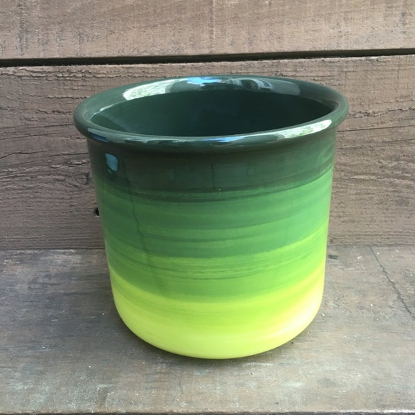 Ceramic Crock or Utensil Holder - Large - Green Ombre Colorful Gradient Design - Greens Lime Apple Wintergreen Hunter