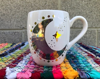 Yellow and White Gold Lunar Phase Ceramic Coffee or Tea Mug - 16 oz. - Full Crescent Moon Phases - Large Coffee Mug - Dots and Stars