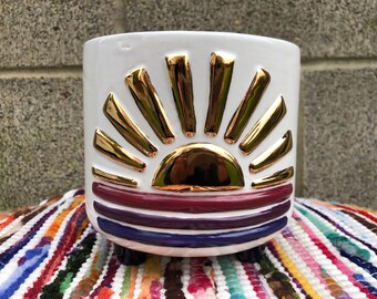 Italian Winery Ombre and REAL Yellow GOLD Striped Sunburst Ceramic Flower Pot - Office Planter - Colorful Sunshine Whimsical - No Drain Hole