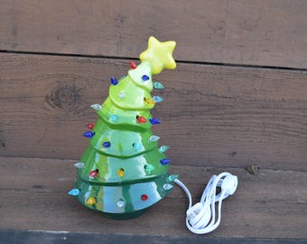 Whimsical Animated Ceramic Christmas Tree with Lights - Handpainted Gradient Green - Shades of Green Ombre - Medium