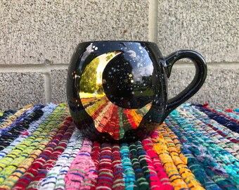 Molten Moon Goddess Black and White Speckled Galaxy Mug - Large Ceramic Coffee - 24 oz - Real Yellow Gold - Crescent & Dots