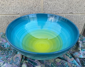 Peacock Ombre Ceramic Serving Bowl - XL - Extra Large - Gradient Design - Shades of Turquoise Chartreuse Lime Green Teal Ocean