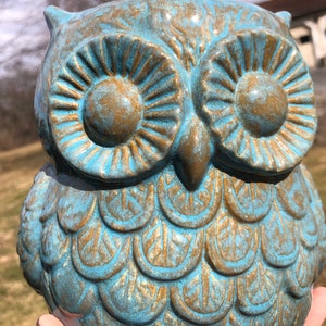 Mermaid Scales Ceramic Owl Utensil Holder / Crock / Planter Large Seafoam Green Ocean Blue image 3