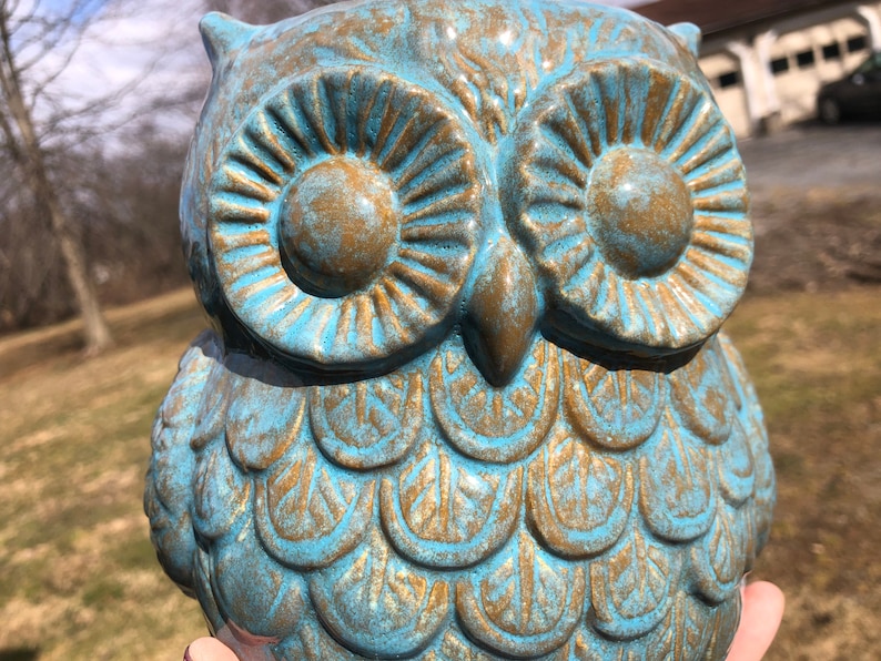 Mermaid Scales Ceramic Owl Utensil Holder / Crock / Planter Large Seafoam Green Ocean Blue image 3