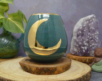 Large Lunar Stemless Wine Glass - Yellow Gold Crescent Moon - Mermaid Teal Green Glitter Glaze - 20 oz - Amber Sparkle Goddess Tumbler Cup