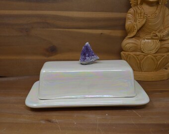 Purple Amethyst Ceramic Butter Dish - Crystal Cluster - Standard Size - White Mother of Pearl Opalescent