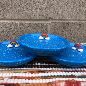 Adorable Kawaii Rainbow Cute Ceramic Ring / Jewelry Dish / Holder Catch All Decorative Tray Speckled Blue Sky image 1