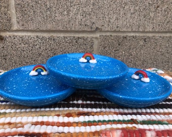 Adorable Kawaii Rainbow Cute Ceramic Ring / Jewelry Dish / Holder - Catch All Decorative Tray - Speckled Blue Sky