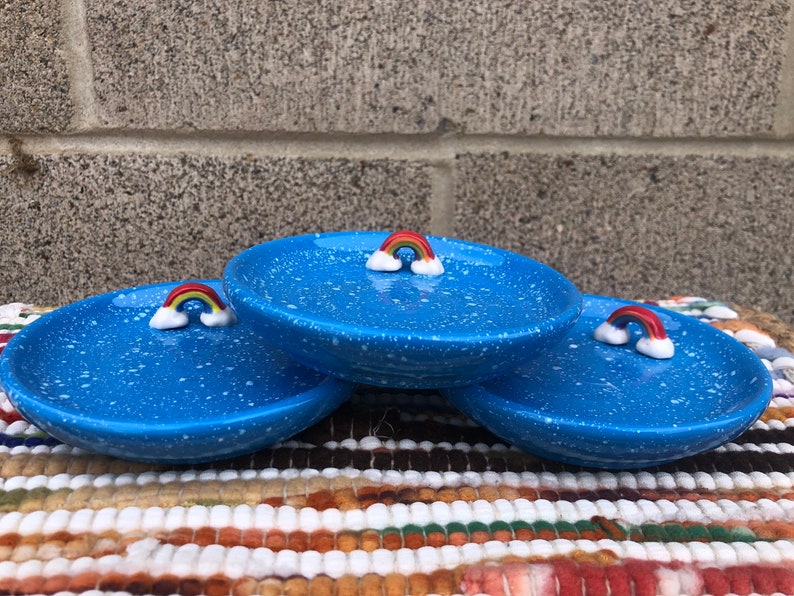 Adorable Kawaii Rainbow Cute Ceramic Ring / Jewelry Dish / Holder Catch All Decorative Tray Speckled Blue Sky image 1