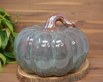 Giant Gourd Ceramic Pumpkin - Rustic Riverstone Green and Mother of Pearl Briarwood Stem Fairytale Cinderella Pumpkin - Fall Autumn Harvest