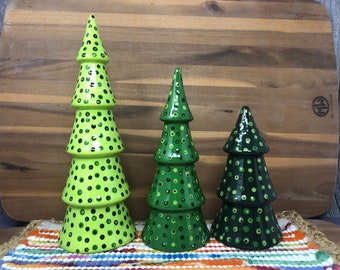 Set of Three Ceramic Christmas Tannenbaum Trees In Polka Dots in Greens - 3 Christmas Decorations - Colorful Unique Trees