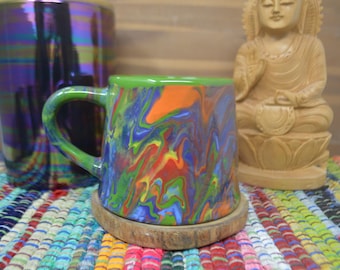 Rainbow Tie Dye Mug - Marbled Ceramic Coffee Mug - 18 oz. - Swirled Colorful One of A Kind Mugs - Green Interior, Sparkle Crystal
