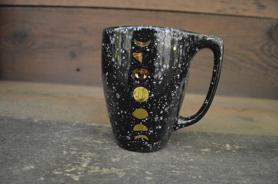 Yellow Gold Moon Phase on Speckled Black and White Starry Night - Cute Ceramic Tea Bag Holder Mug - 12 oz - Lunar Phases - Outer Space Mug