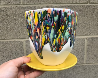 Rainbow Crystal Burst Ceramic Planter - Medium - Colorful One of a Kind Rainbow Drips - Faceted Geometric with Dish - Flower Pot