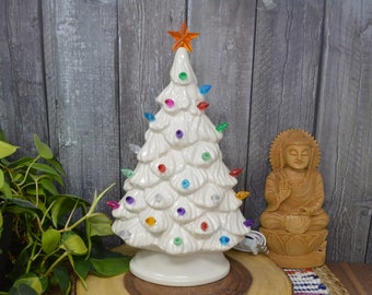 Solid White Oval Shelf Style Ceramic Christmas Tree - Rainbow, Solid Color, or Clear Lights - Ready to Ship