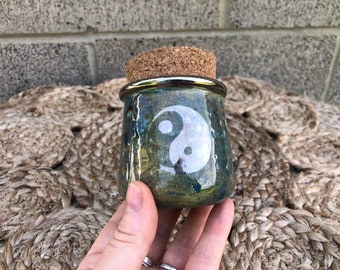 White Gold Yin Yang Small Ceramic Stash Jar - Spice Jar - Cork Lid - Crystal Burst Peacock with Solver Harmony Balance Yogi Symbol