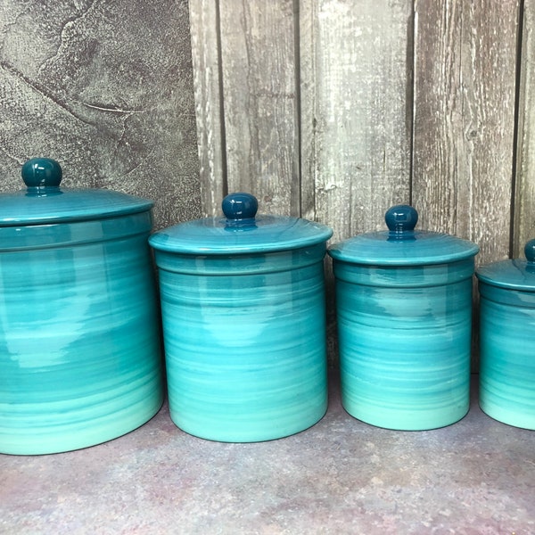 One of a Kind Set of 4 Teal Ombre Ceramic Canister Set with Rubber Seals - Bright Colorful Gradient Design - Shades of Turquoise